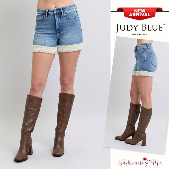 Judy Blue High Rise Waist Tummy Control Shearling Cuff Medium Wash Denim Shorts - Picture 1 of 7